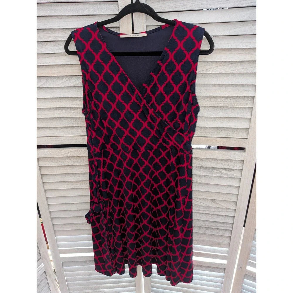 Hawthorn Womens XL Faux Wrap Dress Red Navy Blue Trellis Geometric Sleeveless - Picture 2 of 5